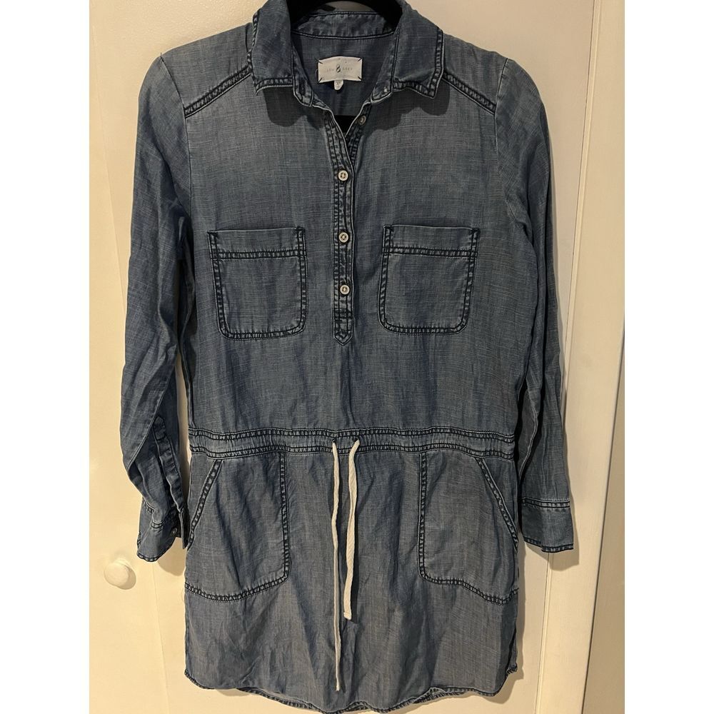 Lou & Grey Denim Dress Blue Henley Cuff Tab Sleeve Woman Shirt‎ Dress Jean XS